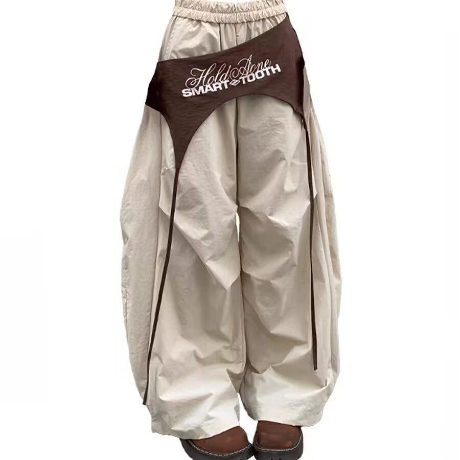 American Retro Lace-Up Patchwork Curved-Leg Wide-Leg Casual Pants
