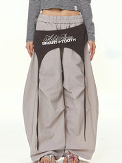 American Retro Lace-Up Patchwork Curved-Leg Wide-Leg Casual Pants