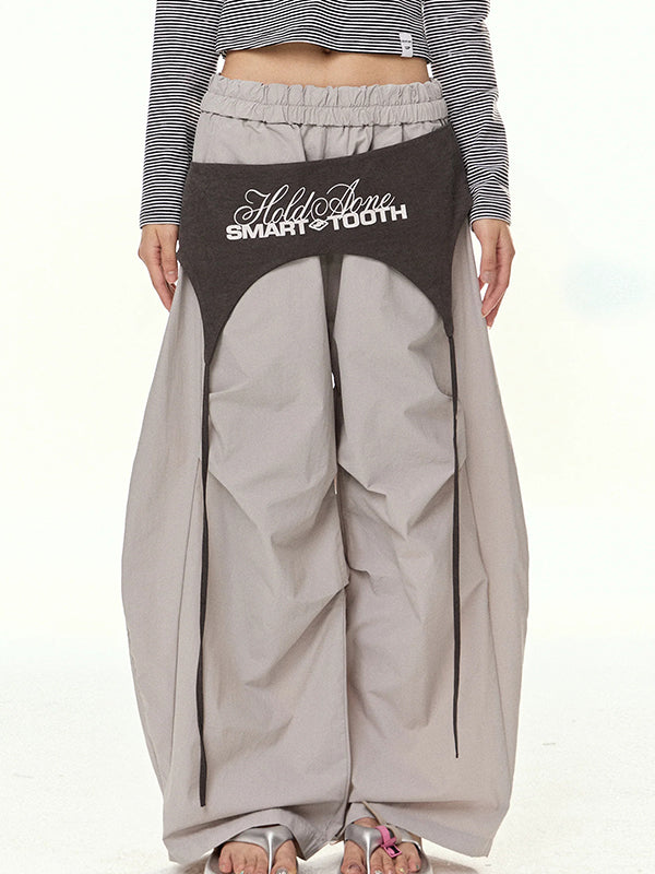 American Retro Lace-Up Patchwork Curved-Leg Wide-Leg Casual Pants