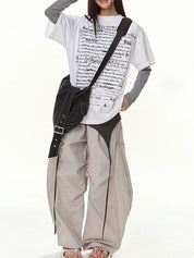 American Retro Lace-Up Patchwork Curved-Leg Wide-Leg Casual Pants