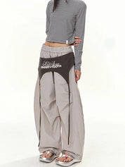 American Retro Lace-Up Patchwork Curved-Leg Wide-Leg Casual Pants