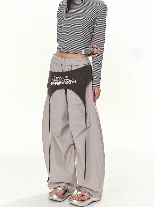 American Retro Lace-Up Patchwork Curved-Leg Wide-Leg Casual Pants