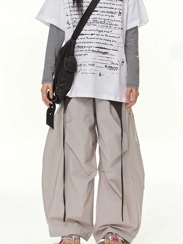 American Retro Lace-Up Patchwork Curved-Leg Wide-Leg Casual Pants