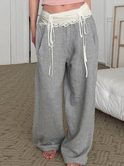 Sweet And Cool Spicy Girl Girly Lace Patchwork Waistband Drawstring Loose Casual Pants