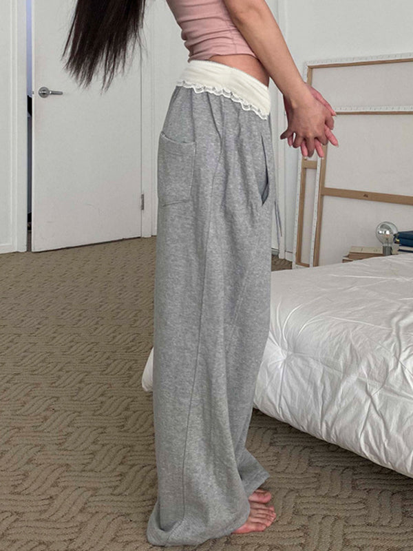 Sweet And Cool Spicy Girl Girly Lace Patchwork Waistband Drawstring Loose Casual Pants