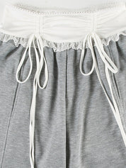 Sweet And Cool Spicy Girl Girly Lace Patchwork Waistband Drawstring Loose Casual Pants