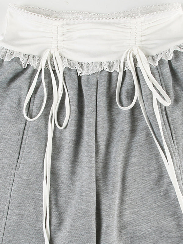 Sweet And Cool Spicy Girl Girly Lace Patchwork Waistband Drawstring Loose Casual Pants