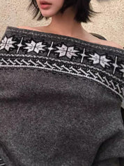 Retro Fair Isle Jacquard One-Shoulder Sweater