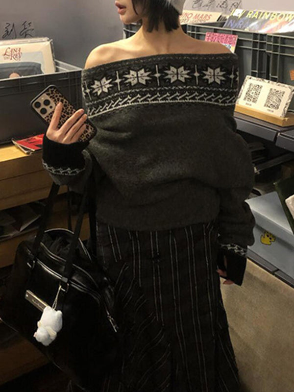 Retro Fair Isle Jacquard One-Shoulder Sweater