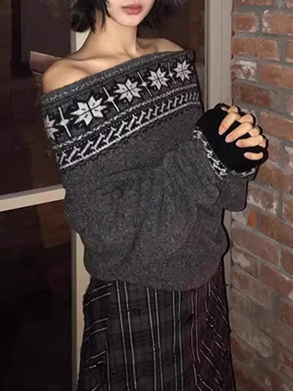 Retro Fair Isle Jacquard One-Shoulder Sweater