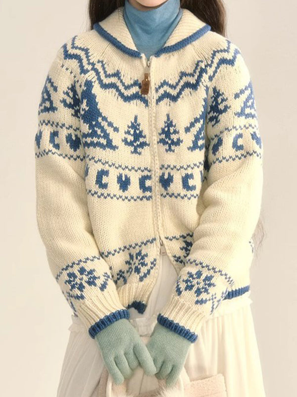 Fair Isle Christmas Tree Flower Cardigan Cardigan