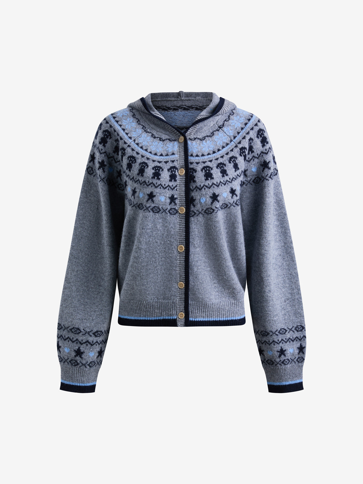 Fair Isle Jacquard Color Block Hooded Knitted Cardigan