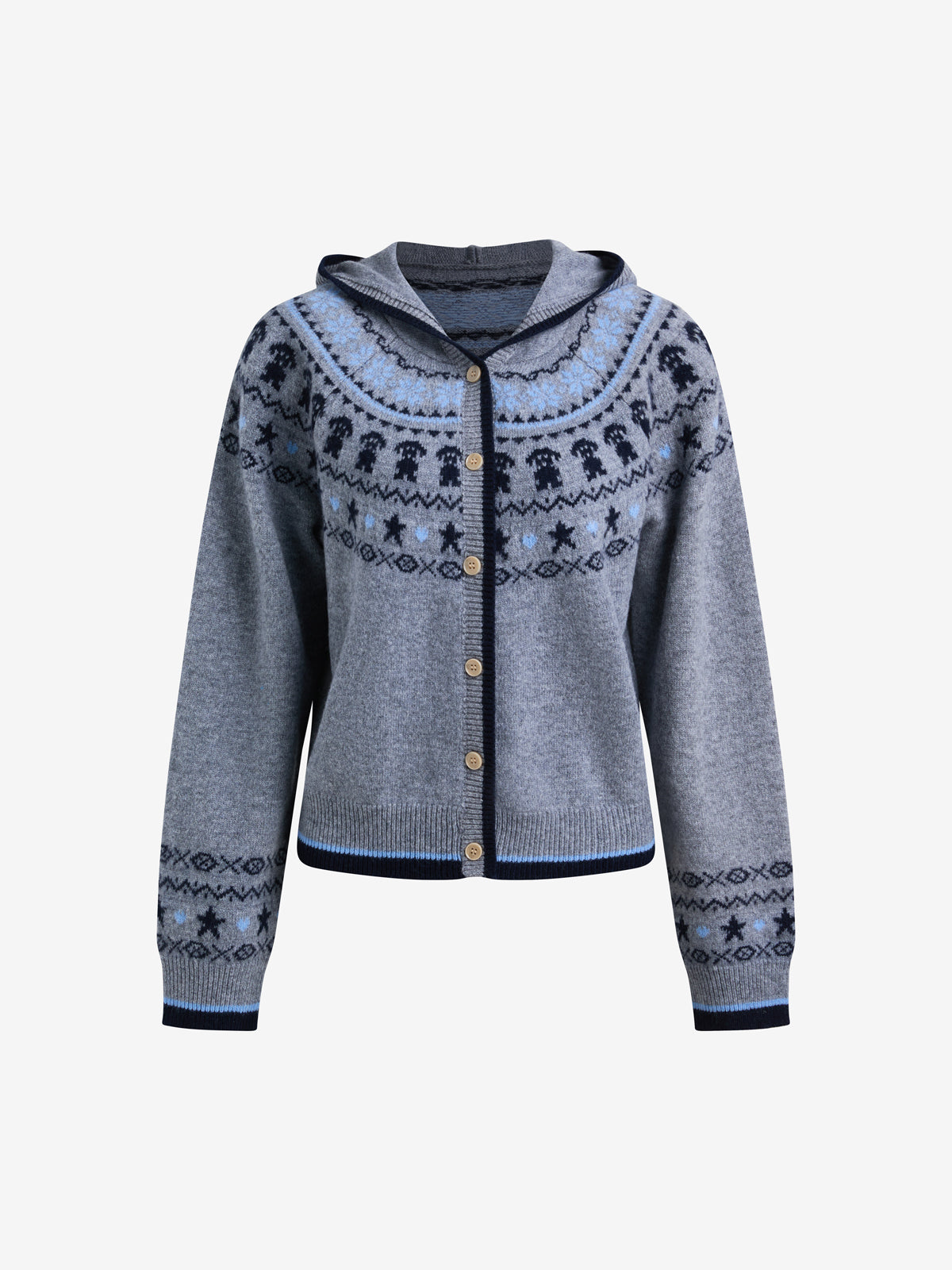 Fair Isle Jacquard Color Block Hooded Knitted Cardigan