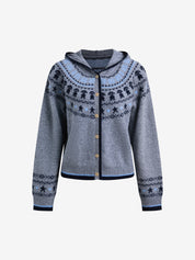 Fair Isle Jacquard Color Block Hooded Knitted Cardigan