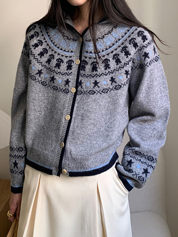 Fair Isle Jacquard Color Block Hooded Knitted Cardigan