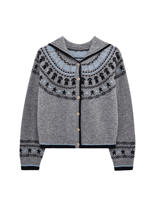 Fair Isle Jacquard Color Block Hooded Knitted Cardigan