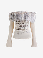 Sexy Hot Girl Fur Collar Letter Print Long Sleeve