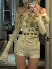 Sexy Hot Girl Fur Collar Letter Print Long Sleeve