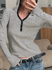 Hooded Striped Loose-Fitting Long-Sleeved Top