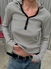 Hooded Striped Loose-Fitting Long-Sleeved Top