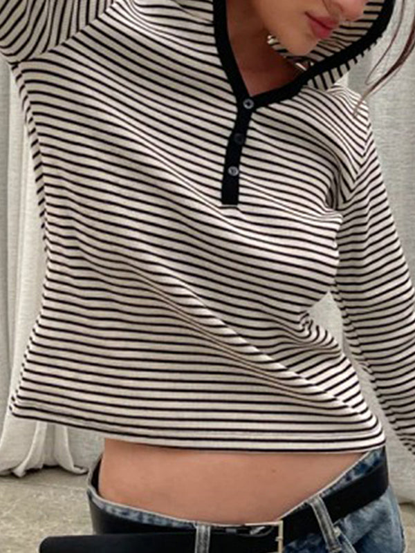 Hooded Striped Loose-Fitting Long-Sleeved Top