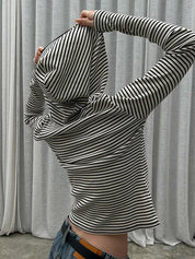 Hooded Striped Loose-Fitting Long-Sleeved Top