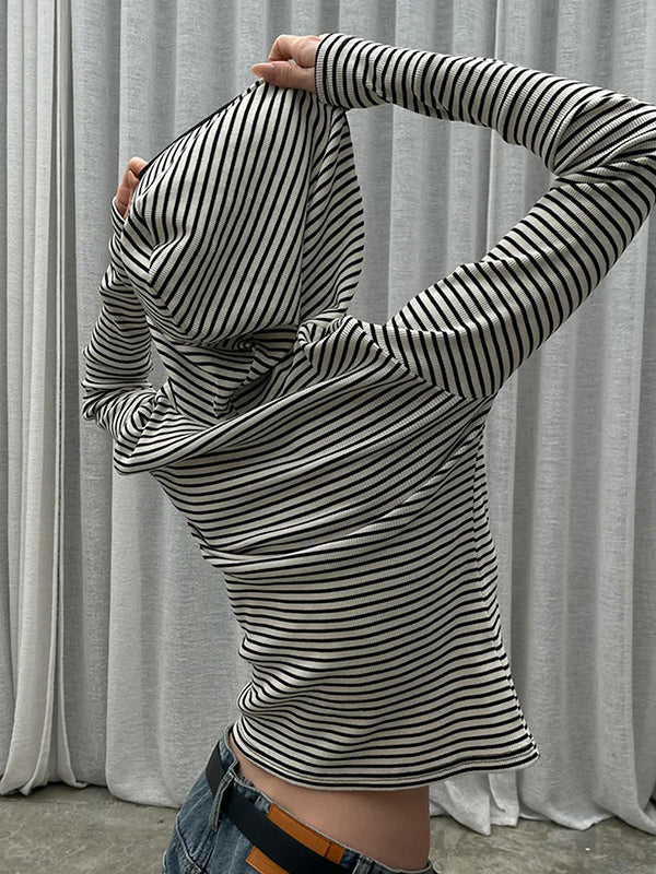 Hooded Striped Loose-Fitting Long-Sleeved Top