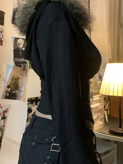 Retro Street-Style Hooded Jacket With Fur Collar And Patchwork Details