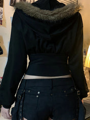 Retro Street-Style Hooded Jacket With Fur Collar And Patchwork Details