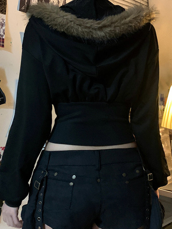 Retro Street-Style Hooded Jacket With Fur Collar And Patchwork Details