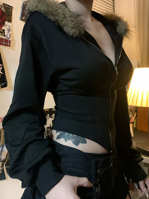 Retro Street-Style Hooded Jacket With Fur Collar And Patchwork Details