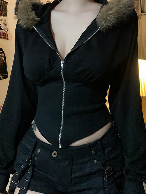 Retro Street-Style Hooded Jacket With Fur Collar And Patchwork Details