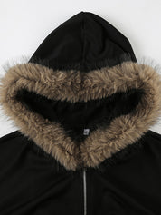Retro Street-Style Hooded Jacket With Fur Collar And Patchwork Details