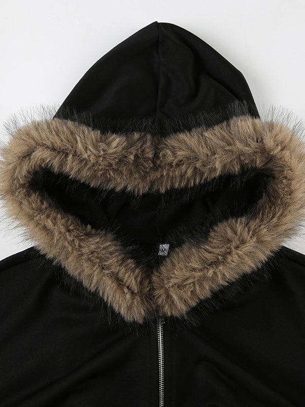 Retro Street-Style Hooded Jacket With Fur Collar And Patchwork Details