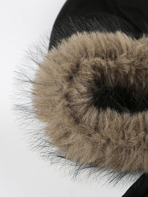 Retro Street-Style Hooded Jacket With Fur Collar And Patchwork Details