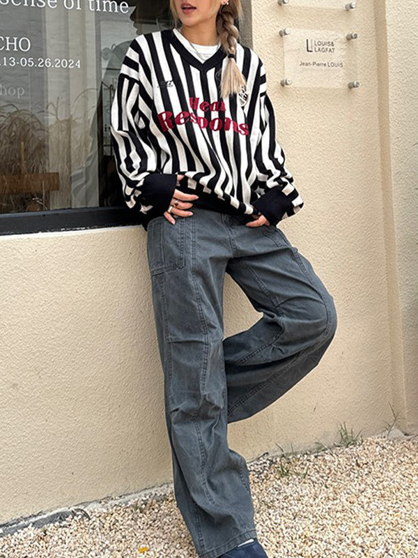 American Retro Striped V-Neck Sweater