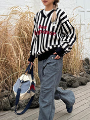 American Retro Striped V-Neck Sweater