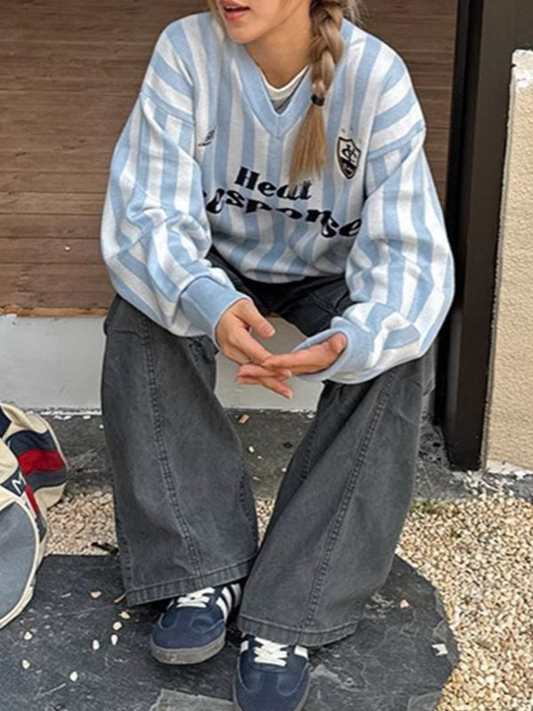 American Retro Striped V-Neck Sweater