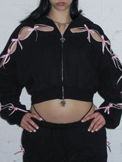 Openwork Bow American Retro Cardigan Jacket Hoodie