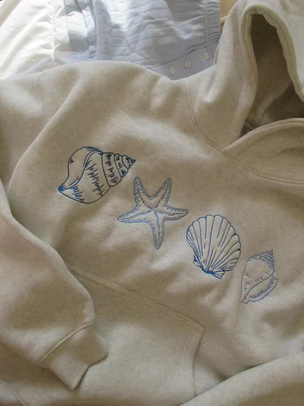 Hand-Painted Shell Embroidered Hooded Sweatshirt