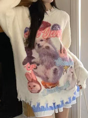 Sweet Cat Graffiti Print Round Neck Pullover Sweater