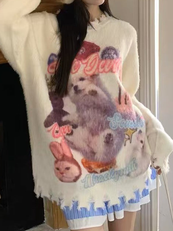 Sweet Cat Graffiti Print Round Neck Pullover Sweater