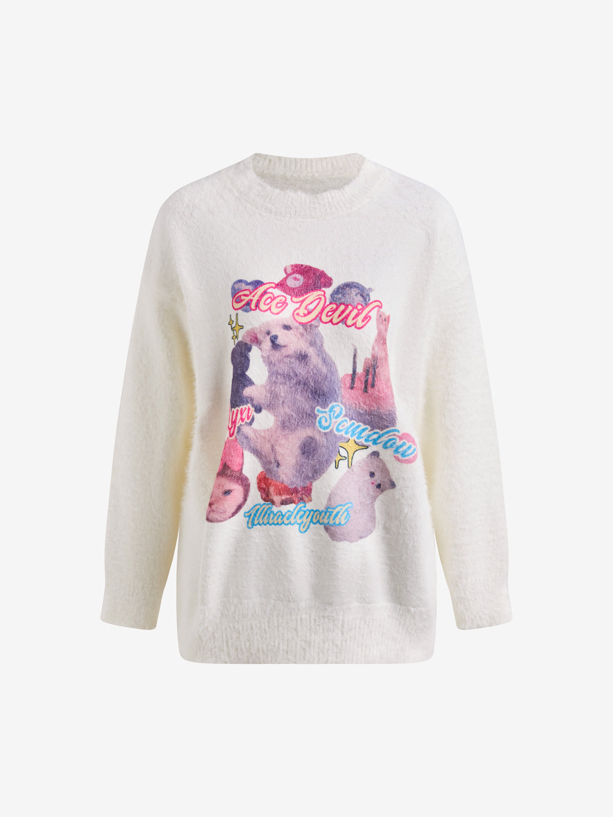 Sweet Cat Graffiti Print Round Neck Pullover Sweater