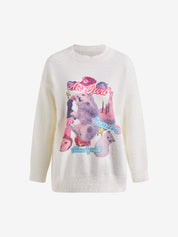 Sweet Cat Graffiti Print Round Neck Pullover Sweater