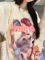 Sweet Cat Graffiti Print Round Neck Pullover Sweater