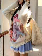 Sweet Cat Graffiti Print Round Neck Pullover Sweater