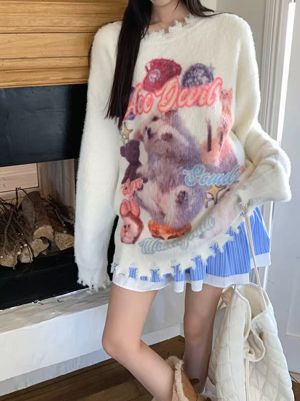 Sweet Cat Graffiti Print Round Neck Pullover Sweater