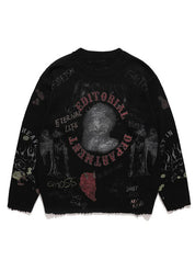 Blurred Figure Retro Print Pullover Knit Sweater