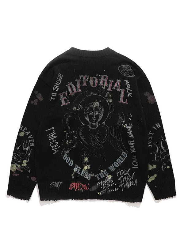 Blurred Figure Retro Print Pullover Knit Sweater