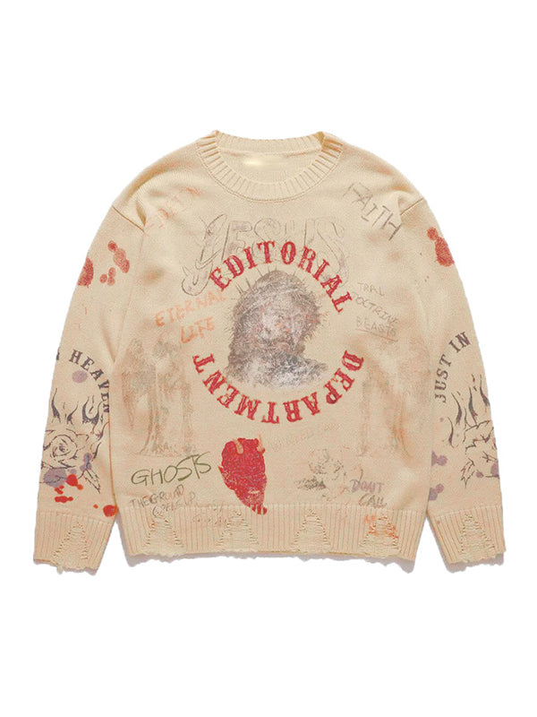 Blurred Figure Retro Print Pullover Knit Sweater